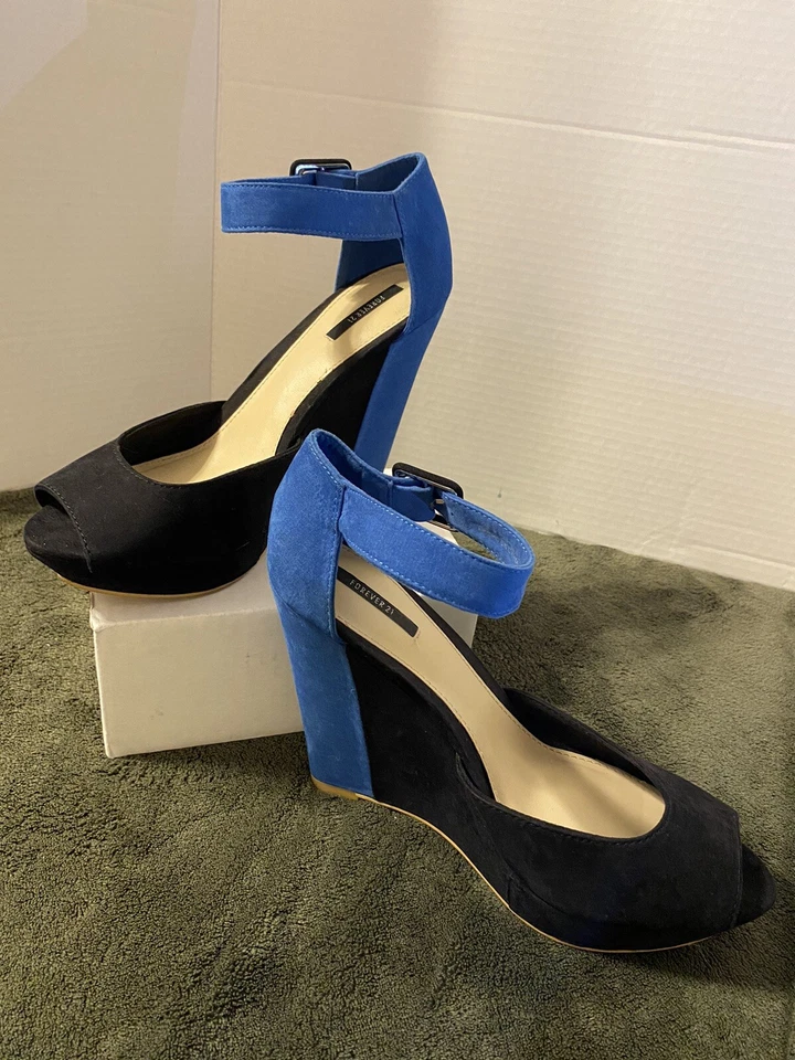Forever 21, zapatos de vestir para mujer de tacón alto con cuña, correa para el tobillo, punta abierta, talla 8M” Foto 2 de 4