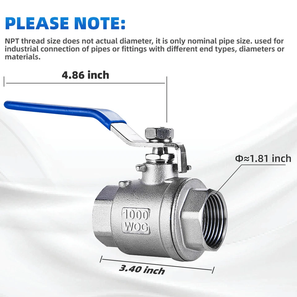 1-1/2 inch Ball Valve, 304 Stainless Steel Full Port,2-Piece, 1000WOG, 2Pack - Image 2 of 4