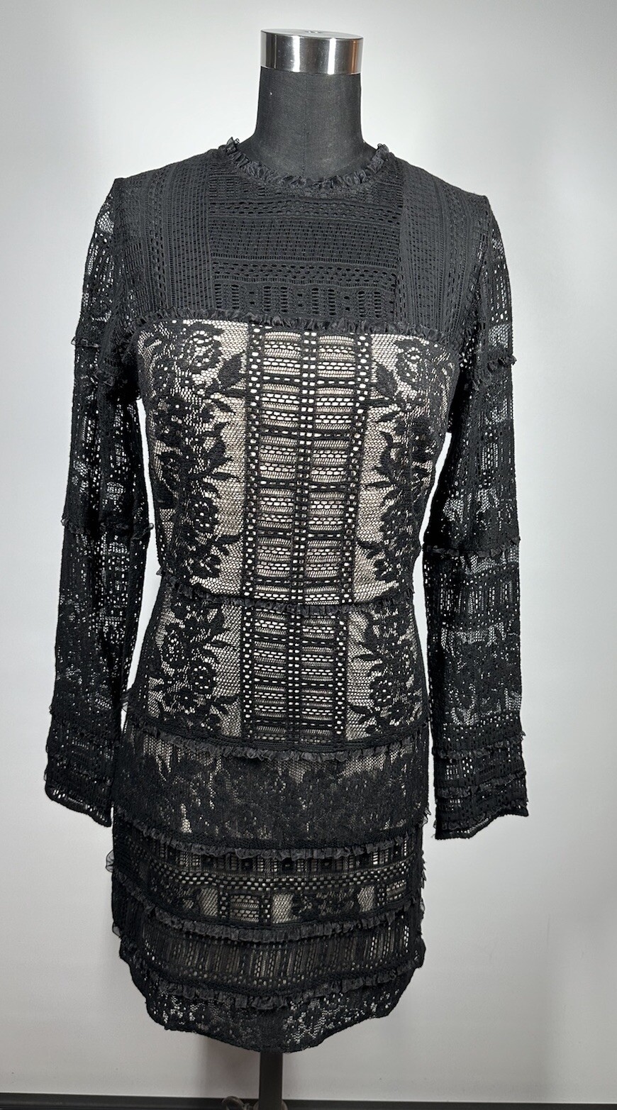 Parker Women’s Black Cotton Lace High Neck Long Sleeve Lined Shift Dress Size 2
