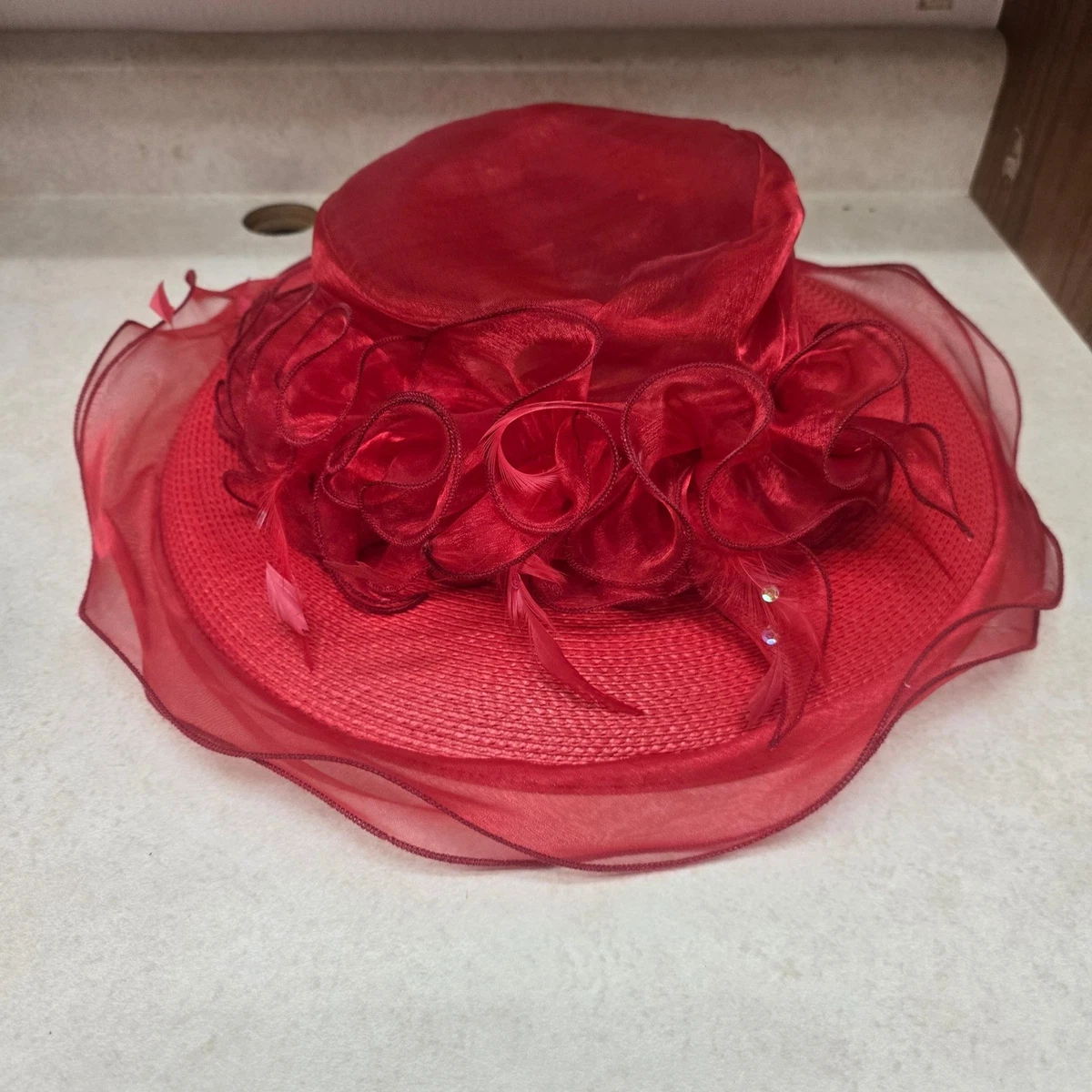Vintage 90s Dramatic Betmar New York Sheer Red Wide Brim Dress Hat Church Derby Red Formal Hats for Women for sale - eBay main image 3
