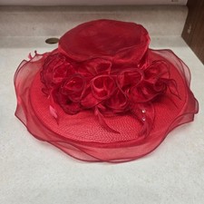 Red Organza Wide Brim Church Derby Hat Floral Feather Ruffle Dress Hat 57cm