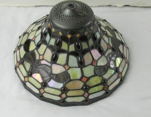 Vintage Tiffany-Style Stained Glass Lamp Shade 11” Diameter Chain hung