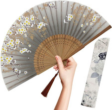 Hand Fan Foldable for Women, Japanese Chinese Fan, Gray Sakura