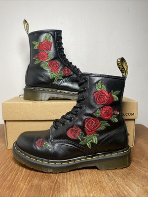 Dr Martens DM s 1460 Vonda Red Roses Softy T Black Leather Boots UK 5 EU 38 Good