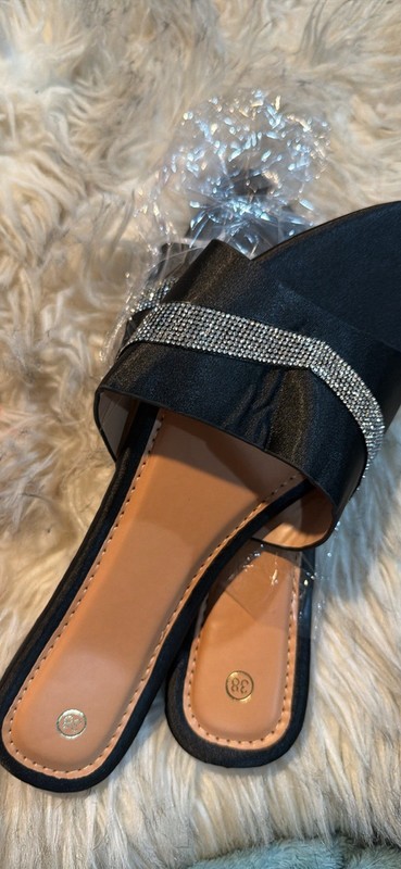 Women’s Black Polyurethane Rhinestone Slide Sandals Slip-On US 7 EU 38