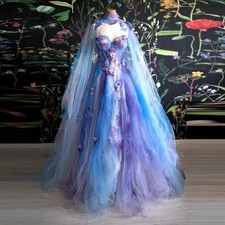 Colorful Fairy Tulle PromDress withCape Floral Applique Sweetheart Layered Puffy