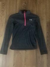 Under Armour 1/4 Zip Heat Gear Sz Youth Medium. Loose Fit. Black/silver/pink