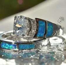835 Silver Band Ring Size D 1/2 with Blue Opal Inlay Silver/Blue Used
