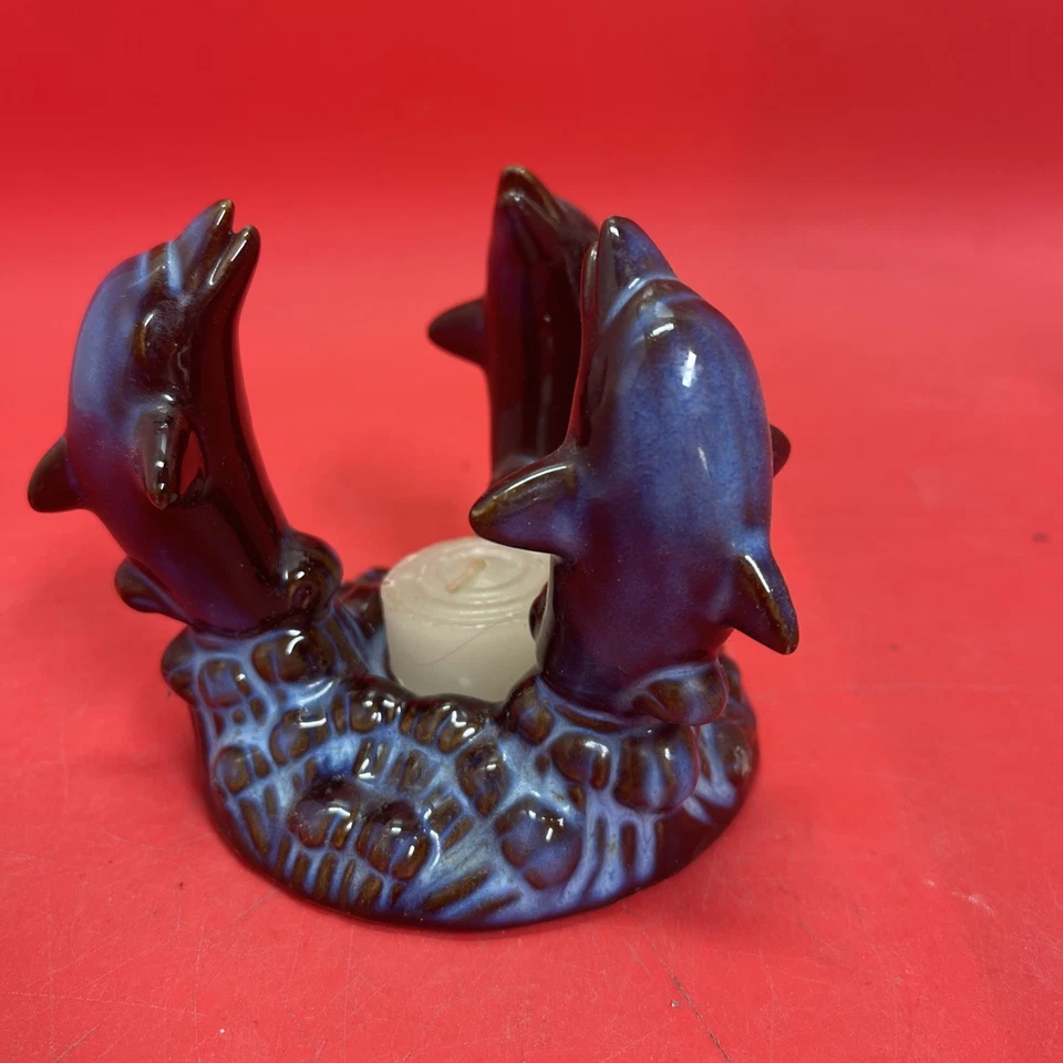 Three Dolphin Blue Glaze Pottery Ceramic Tealight Candle Holder - Изображение 2 из 4