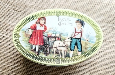 Easter Greeting Victorian Lithograph Oval Tin 1990s Tin Box Co 5.5''