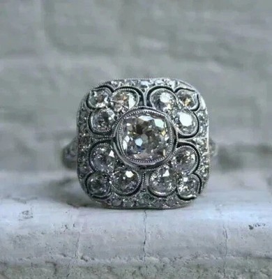 Vintage Style Art Deco 3Ct Round Lab Created Diamond 14K White Gold Plated Ring