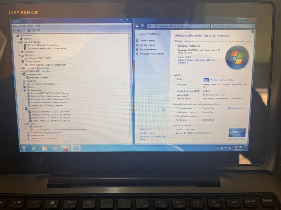 Dell Inspiron Mini Duo 1090 Intel Atom 1.66GHz 2GB RAM 120GB SSD Touch Win 7 Pro - Image 2 of 4