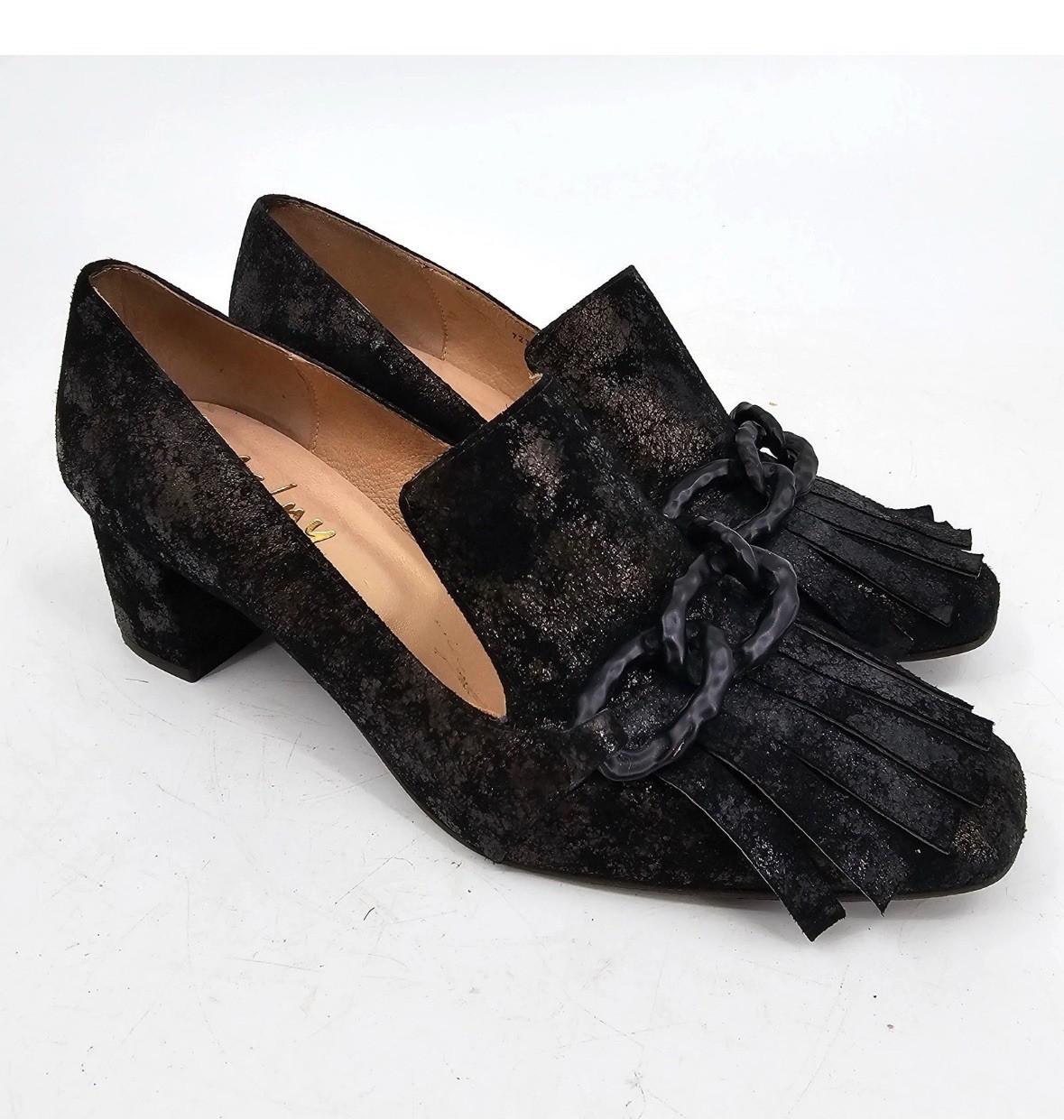 SAOLA Mocassino suola francese FS NY Haylie nero metallizzato pelle scamosciata frange tacco scarpa 9B