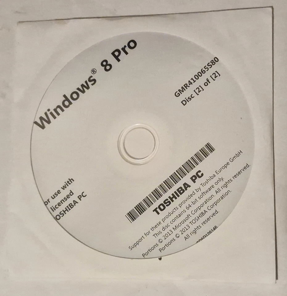 Microsoft Windows 8 Pro 64 Bit DVD réinstallation Français, ...  NEUF TOSHIBA - Photo 1/1
