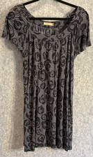 JALOUX Retro Bold Print Knee Length Dress Size L Boho Floral Black Gray VGUC