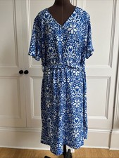 Ladies BONMARCHE Size 22 Blue and White Summer Dress Short Sleeve Tie Waist
