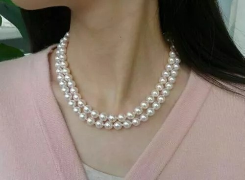 20" Double strands AAAA+ 8-9mm natural Akoya white pearl necklace 14K GOLD CLASP - Picture 3 of 4