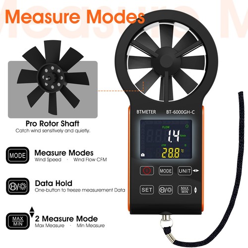 Digital CFM Anemometer Wind Speed Meter Air Flow Velocity 30m/s Temp HVAC Vents - Picture 3 of 7