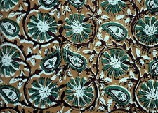 Brown Green Indian By the Yard Block Print Fabric for Sewing Dressmaking Floral
