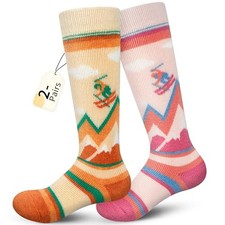 Merino Wool Ski Socks Kids 2 Pairs, XX-Small 2pairs-light Orange/Light Pink