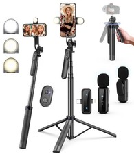 Vlogging Kit for iPhone/Android - 71" Selfie Stick Tripod, Light, Remote  Mic f