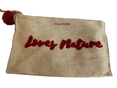 Clarins beige tan burlap bag makeup toiletry cosmetic pouch Loves Nature set x 2