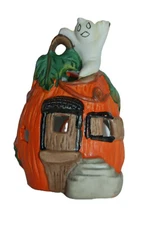 VINTAGE 4.5”x3.5” HALLOWEEN TEA LIGHT CANDLE HOLDER PUMPKIN HOUSE WITH GHOST