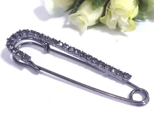 2 pcs Gray Rhinestone Safety Pins / Brooch Black Tone 2-3/4" 7cm Length B281
