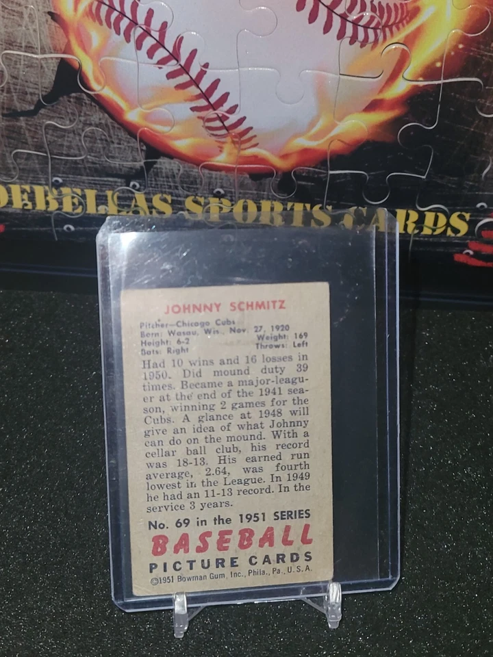 1951 Bowman Baseball Johnny Schmitz #69 Chicago Cubs - Image 2 of 2