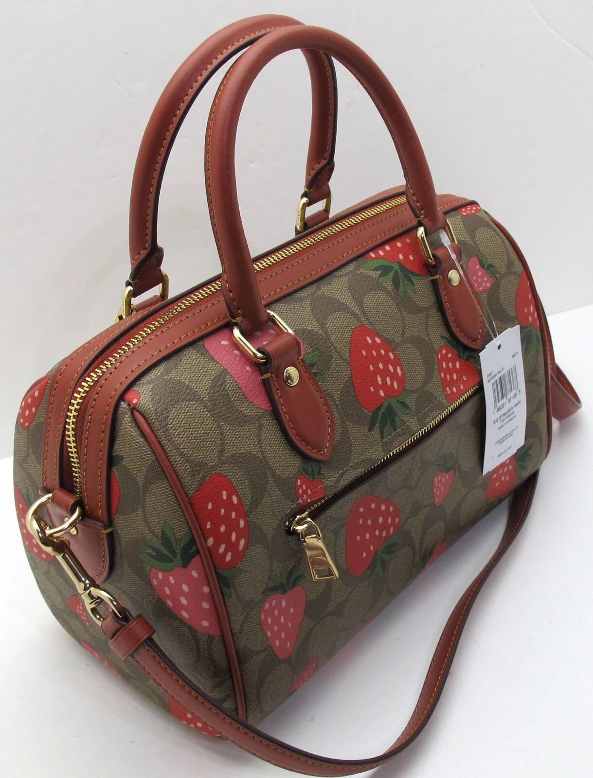 NUOVA borsa Coach Rowan fragola PVC firma pelle tracolla cachi oro