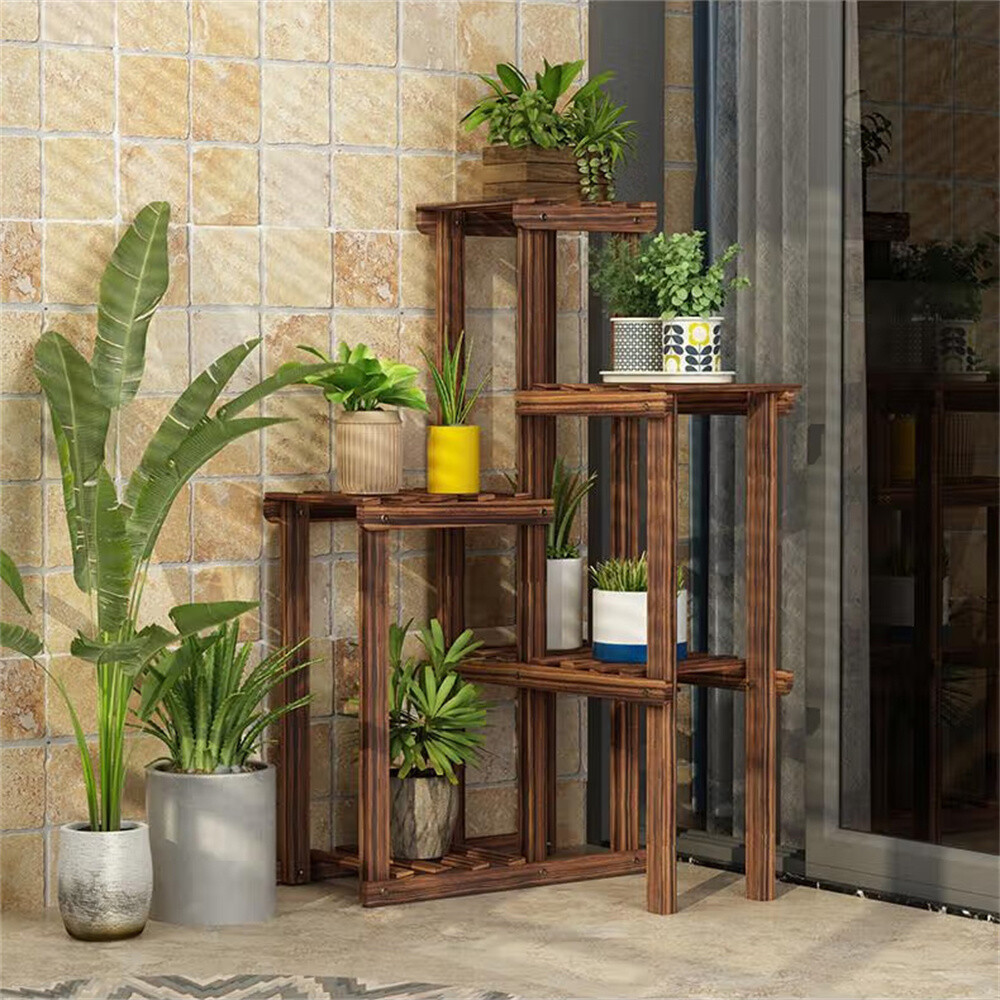 Plant Corner Stand 6 Tier Wood Shelf Indoor Outdoor Displaying