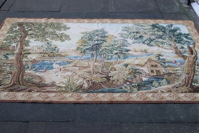 Vintage Handgefertigt Französisches Design Original Wolle Grün Aubusson Wandteppich 208X143cm