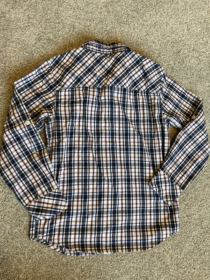 DKNY Boys' Blue Orange Long Sleeve Plaid Button Up Dress Shirt Size S 5-6 - Image 2 of 4