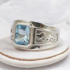 Aquamarine Emerald Cut Gemstone With 925 Sterling Silver Ring For Men's #681 *