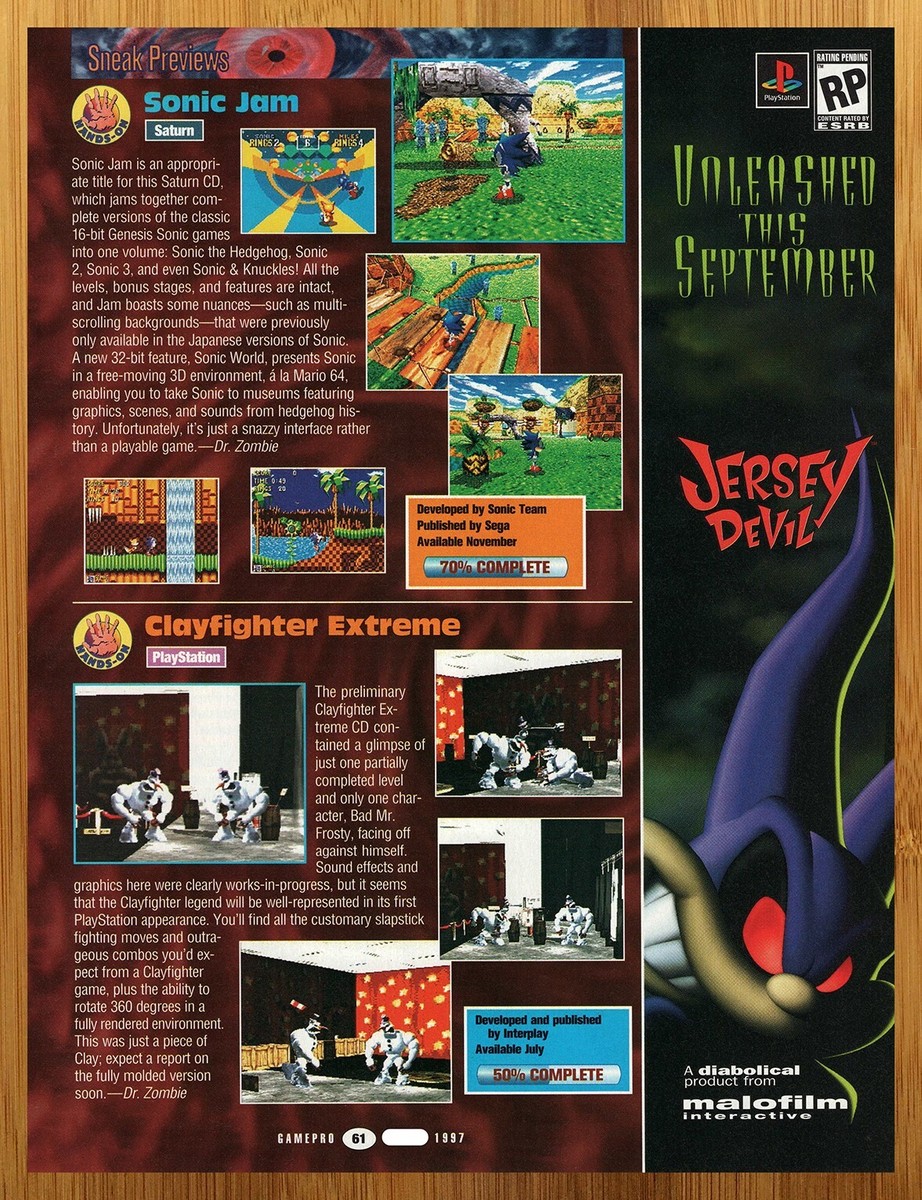 1997 Sonic Jam/Clayfighter Extreme PS1 Saturn PREVIEW Print Ad