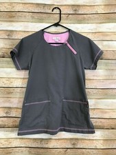 KOI by KATHY PETERSON Womens Gray Scrub Top Size XS Pink Trim Pockets Flaws