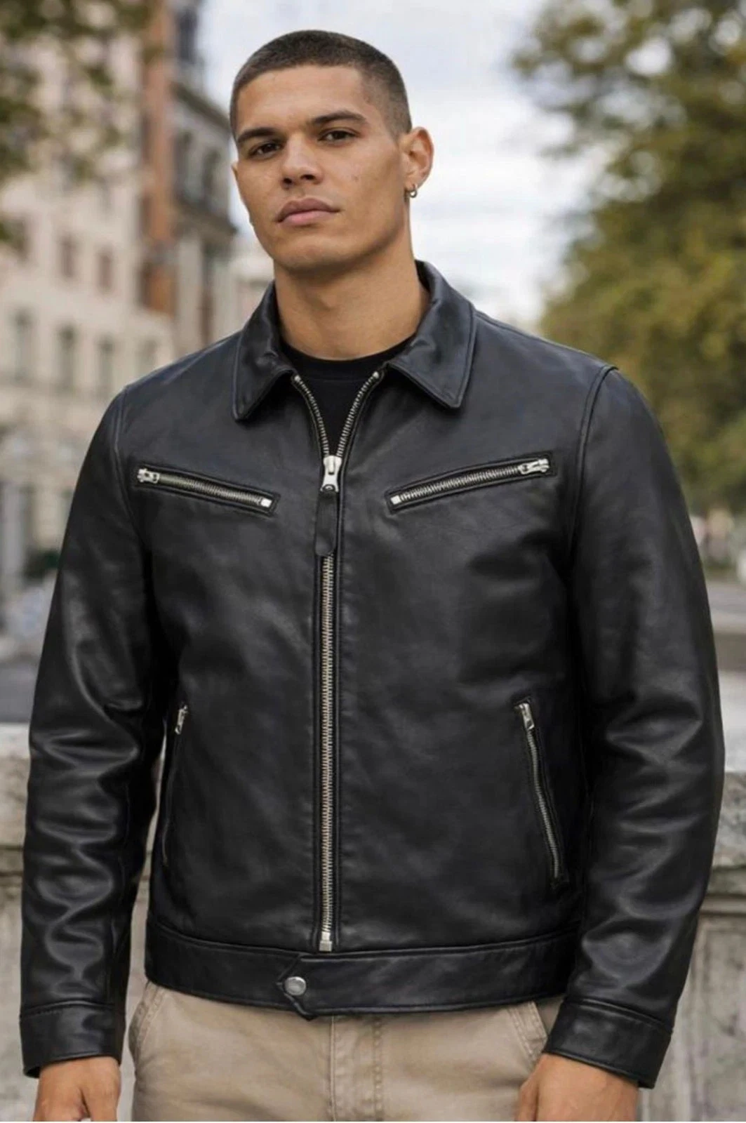 Men’s Black Genuine Sheepskin Leather Jacket Real Leather Biker Jacket XS to 7XL