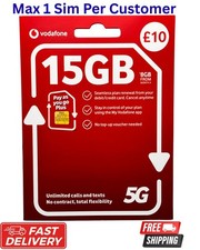 1 x New Vodafone Pay As You Go Plus SIM Card 15GB-£10- PAYG Official UK SIM Card