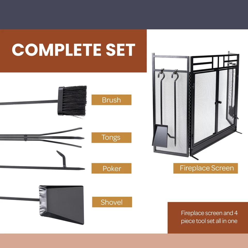 Tela de lareira 3 painéis portão de lareira com portas e conjunto de ferramentas 4 peças, preto - Imagem 4 de 4