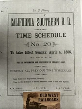 1886 California Southern Railroad ATSF Santa Fe Time Table Schedule Copy