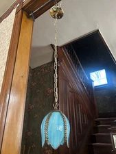 Reclaimed 5 Panel Blue Slag Glass Pendant Tulip Shade Light Fixture, Free S/H