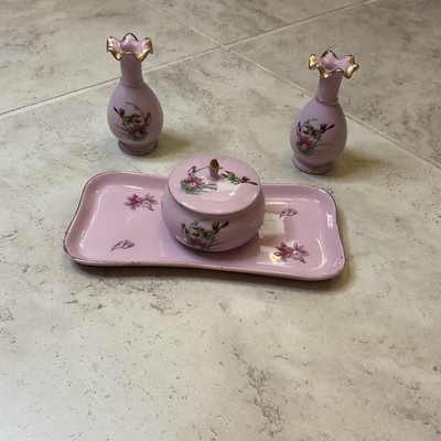 Vintage 4 Pc Carlton Ware dressing Table Set, Pink Porcelain Gold Rims