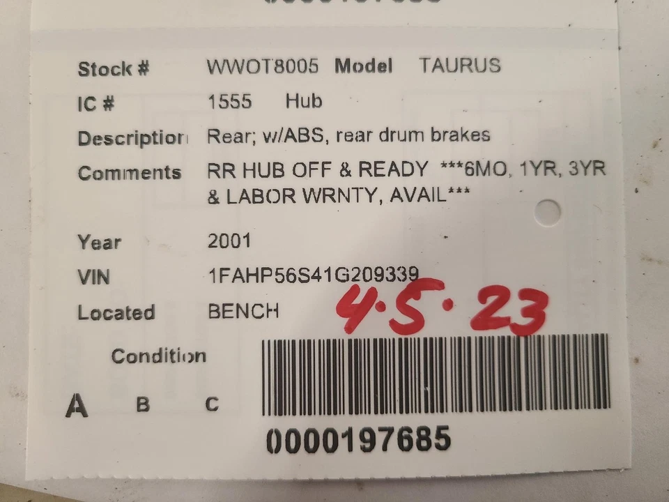 Buje de rueda trasero usado se adapta a: Ford Taurus 2001 trasero con frenos de tambor traseros ABS grado trasero Foto 3 de 4