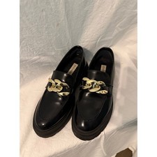 Steve Madden Black Platform Loafers with Gold Chain Detail Lug Sole Womens 6.5