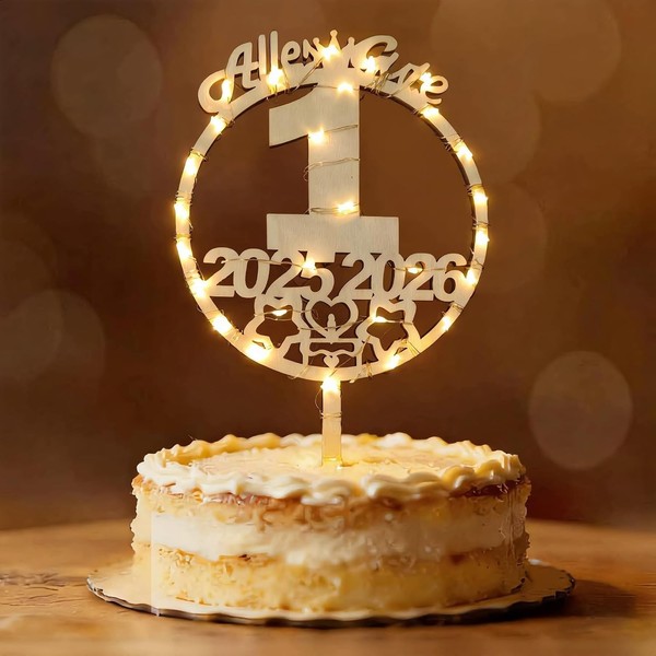 Tortendeko 1. Geburtstag JubiläUm Cake Topper Holz Mit LED Lichterkette Deko-image