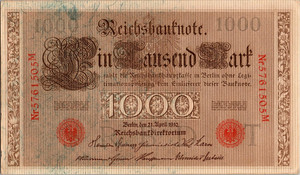 RARE 1,000 1000 Mark Reich banknote 1910 Imperial Note  UNC