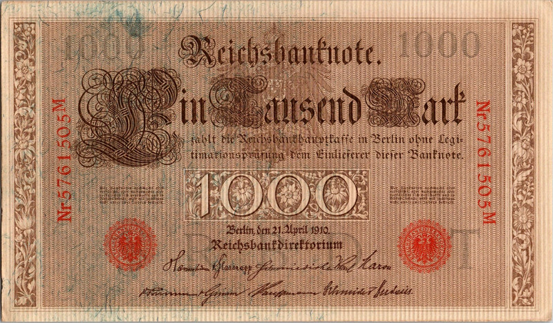 RARE 1,000 1000 Mark Reich banknote 1910 Imperial Note  UNC