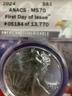 2024 ANACS Graded MS70 First Day Of Issue Silver Eagle Dollar coin