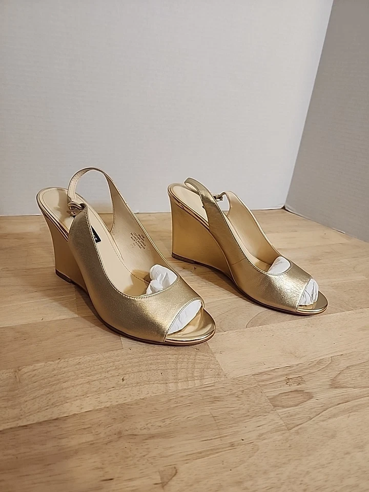 NINE WEST Mujer 8.5 Cuero Dorado Cuña Plataforma Peep Toe Correa Tobillo Zapatos Foto 3 de 4