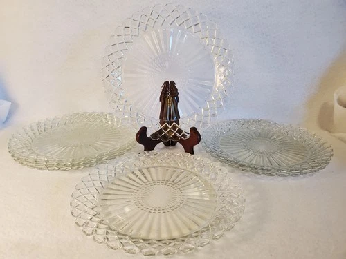 7 Vtg Crystal Depression Hocking Glass Waterford "Waffle" Dinner Plate 9 5/8"